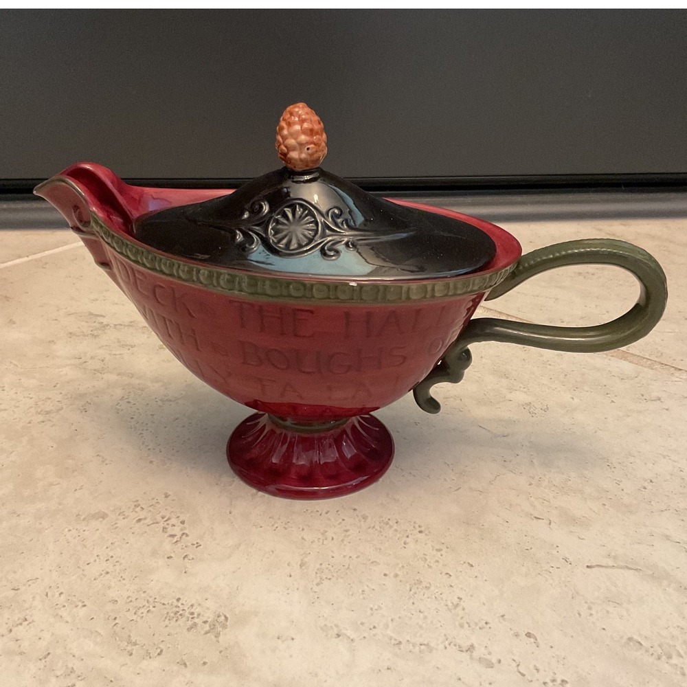 Calca Italy Deck the Halls Ceramic Gravy Boat with Lid Red Green Christmas